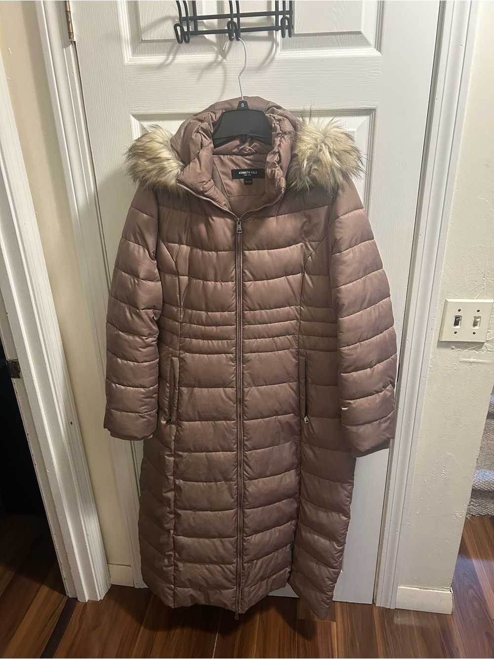 Kenneth Cole Long Quilted Hooded Puffer Coat with Faux-Fur Trim - Taupe